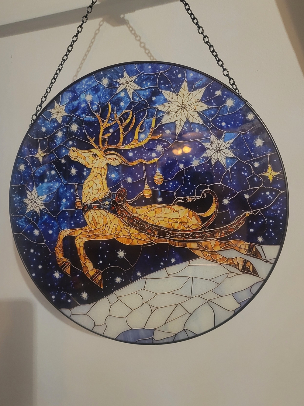Stained-Glass Style Blue & Gold Reindeer Wall Art